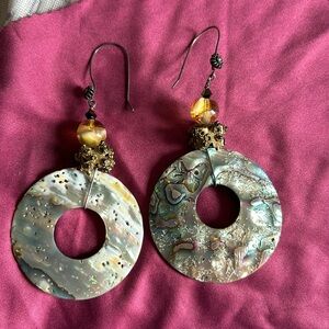 Circle Round Abalone Mother of Pearl Dangle Earrings